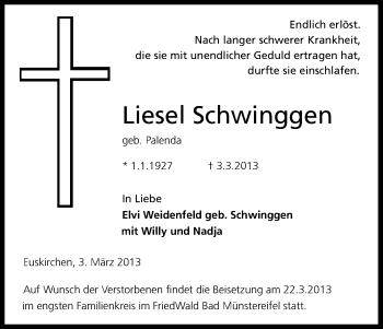 Anzeige von Liesel Schwinggen von Kölner Stadt-Anzeiger / Kölnische Rundschau / Express