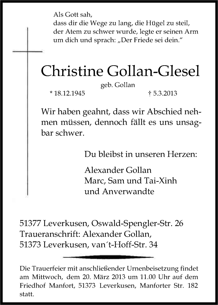 Traueranzeige für Christine Gollan-Glesel vom 13.03.2013 aus Kölner Stadt-Anzeiger / Kölnische Rundschau / Express