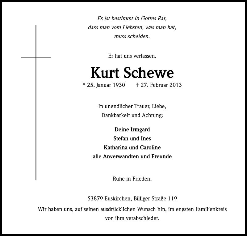 Traueranzeige für Kurt Schewe vom 09.03.2013 aus Kölner Stadt-Anzeiger / Kölnische Rundschau / Express