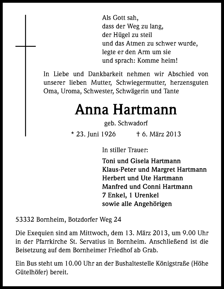 Traueranzeige für Anna Hartmann vom 09.03.2013 aus Kölner Stadt-Anzeiger / Kölnische Rundschau / Express
