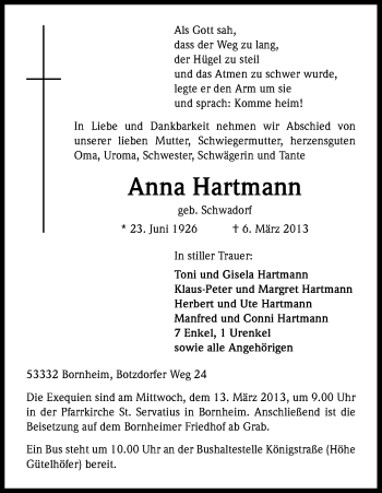 Anzeige von Anna Hartmann von Kölner Stadt-Anzeiger / Kölnische Rundschau / Express