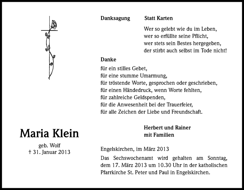  Traueranzeige für Maria Klein vom 09.03.2013 aus Kölner Stadt-Anzeiger / Kölnische Rundschau / Express