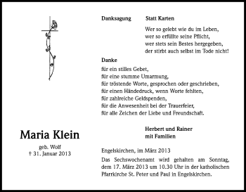 Anzeige von Maria Klein von Kölner Stadt-Anzeiger / Kölnische Rundschau / Express