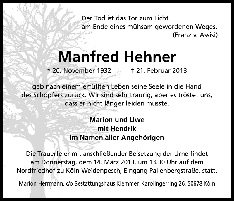  Traueranzeige für Manfred Hehner vom 09.03.2013 aus Kölner Stadt-Anzeiger / Kölnische Rundschau / Express