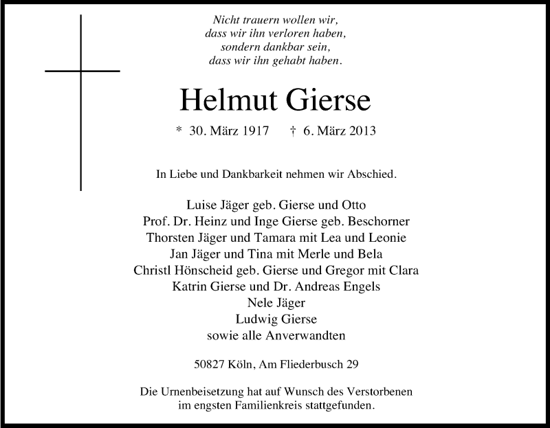  Traueranzeige für Helmut Gierse vom 16.03.2013 aus Kölner Stadt-Anzeiger / Kölnische Rundschau / Express