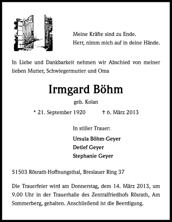 Anzeige von Irmgard Böhm von Kölner Stadt-Anzeiger / Kölnische Rundschau / Express