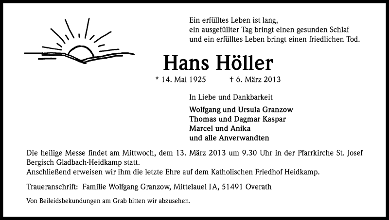  Traueranzeige für Hans Höller vom 09.03.2013 aus Kölner Stadt-Anzeiger / Kölnische Rundschau / Express