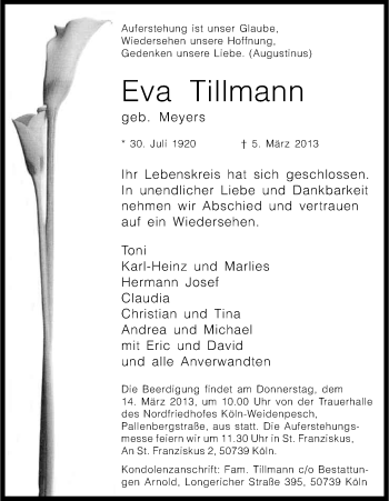 Anzeige von Eva Tillmann von Kölner Stadt-Anzeiger / Kölnische Rundschau / Express
