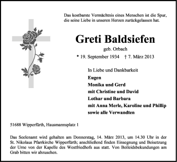 Anzeige von Greti Baldsiefen von Kölner Stadt-Anzeiger / Kölnische Rundschau / Express
