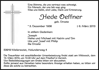 Anzeige von Hede Oeffner von Kölner Stadt-Anzeiger / Kölnische Rundschau / Express