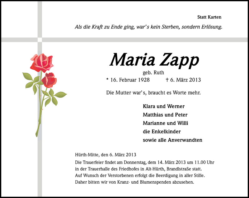  Traueranzeige für Maria Zapp vom 09.03.2013 aus Kölner Stadt-Anzeiger / Kölnische Rundschau / Express