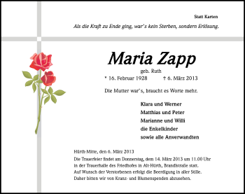 Anzeige von Maria Zapp von Kölner Stadt-Anzeiger / Kölnische Rundschau / Express