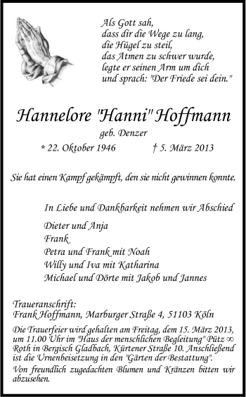 Anzeige von Hannelore Hoffmann von Kölner Stadt-Anzeiger / Kölnische Rundschau / Express