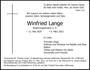Anzeige von Winfried Lange von Kölner Stadt-Anzeiger / Kölnische Rundschau / Express