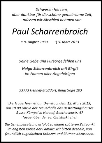 Anzeige von Paul Scharrenbroich von Kölner Stadt-Anzeiger / Kölnische Rundschau / Express