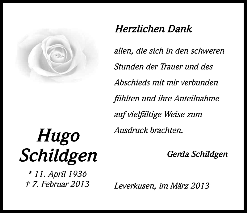  Traueranzeige für Hugo Schildgen vom 09.03.2013 aus Kölner Stadt-Anzeiger / Kölnische Rundschau / Express