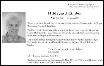 Anzeige von Hildegard Linden von Kölner Stadt-Anzeiger / Kölnische Rundschau / Express