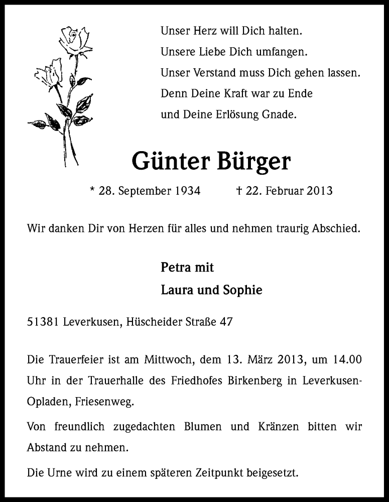  Traueranzeige für Günter Burger vom 09.03.2013 aus Kölner Stadt-Anzeiger / Kölnische Rundschau / Express