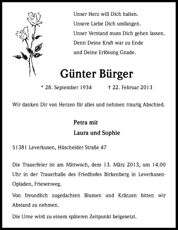 Anzeige von Günter Burger von Kölner Stadt-Anzeiger / Kölnische Rundschau / Express