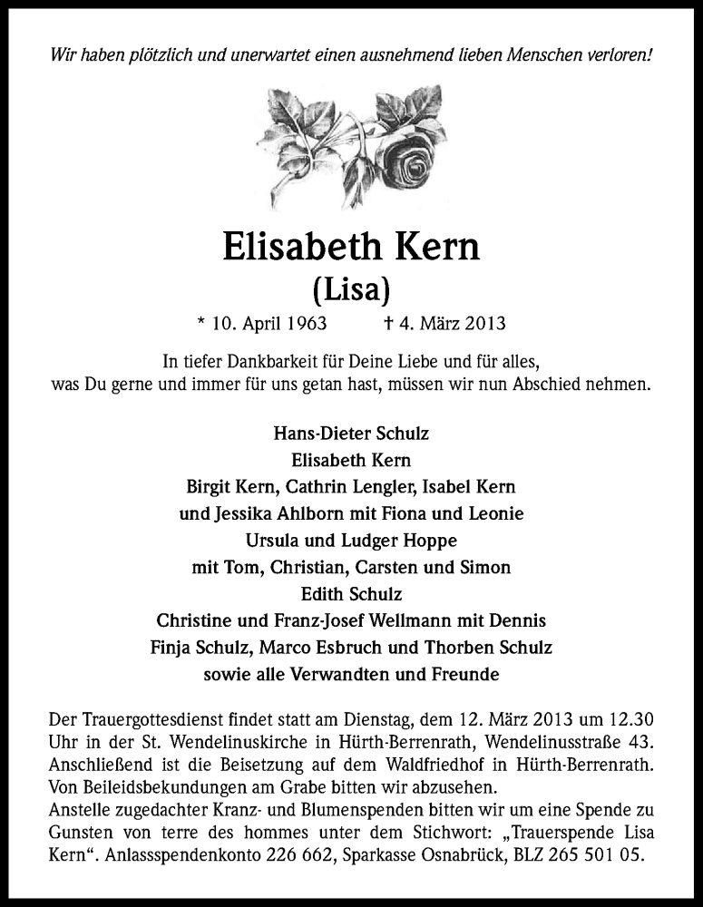  Traueranzeige für Elisabeth Kern vom 09.03.2013 aus Kölner Stadt-Anzeiger / Kölnische Rundschau / Express
