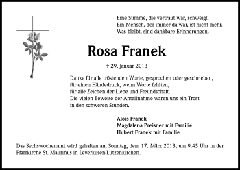 Anzeige von Rosa Franek von Kölner Stadt-Anzeiger / Kölnische Rundschau / Express
