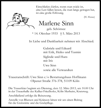 Anzeige von Marlene Sinn von Kölner Stadt-Anzeiger / Kölnische Rundschau / Express