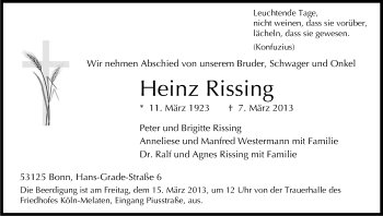 Anzeige von Heinz Rissing von Kölner Stadt-Anzeiger / Kölnische Rundschau / Express