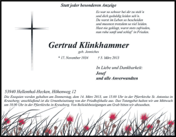 Anzeige von Gertrud Klinkhammer von Kölner Stadt-Anzeiger / Kölnische Rundschau / Express