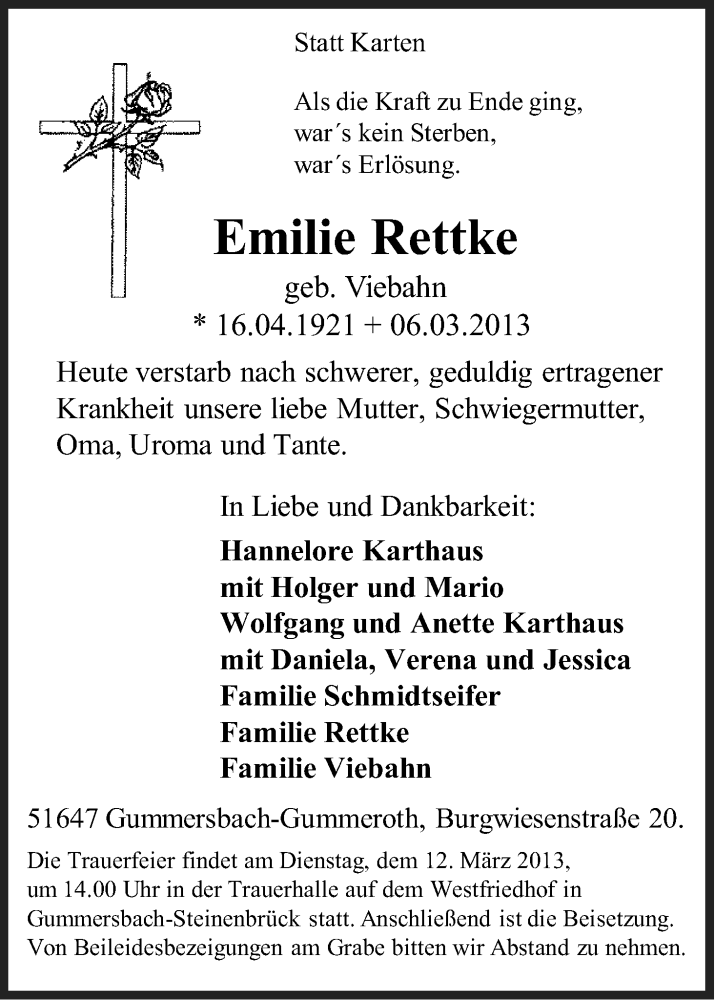  Traueranzeige für Emilie Rettke vom 09.03.2013 aus Kölner Stadt-Anzeiger / Kölnische Rundschau / Express