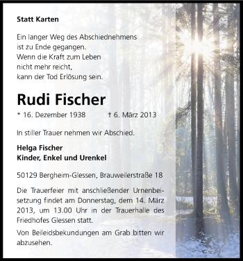 Anzeige von Rudi Fischer von Kölner Stadt-Anzeiger / Kölnische Rundschau / Express