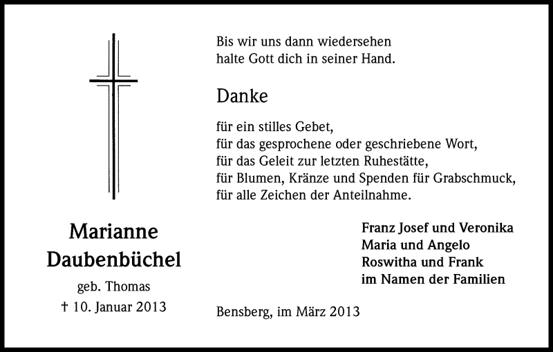  Traueranzeige für Marianne Daubenbüchel vom 15.03.2013 aus Kölner Stadt-Anzeiger / Kölnische Rundschau / Express