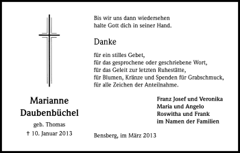Anzeige von Marianne Daubenbüchel von Kölner Stadt-Anzeiger / Kölnische Rundschau / Express
