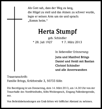 Anzeige von Herta Stumpf von Kölner Stadt-Anzeiger / Kölnische Rundschau / Express