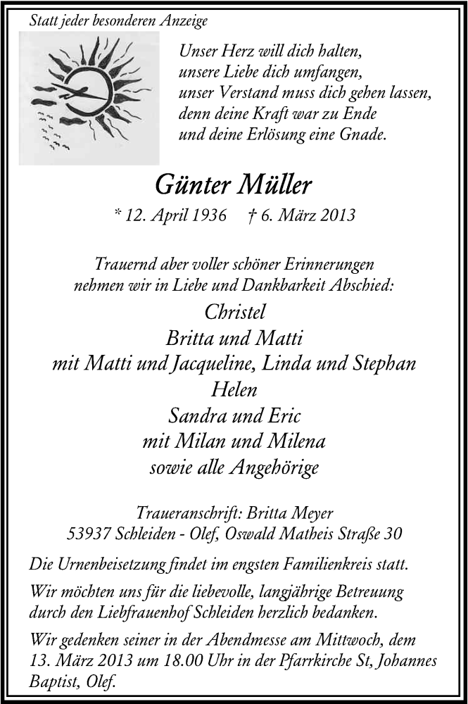  Traueranzeige für Günter Müller vom 09.03.2013 aus Kölner Stadt-Anzeiger / Kölnische Rundschau / Express