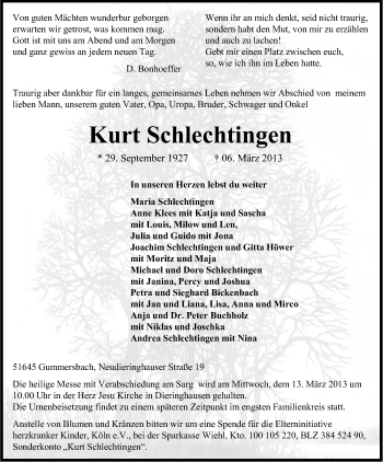 Anzeige von Kurt Schlechtingen von Kölner Stadt-Anzeiger / Kölnische Rundschau / Express