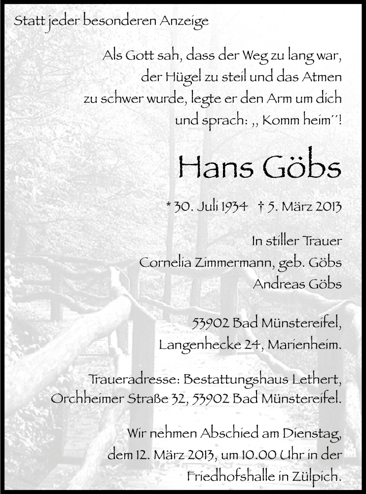  Traueranzeige für Hans Göbs vom 09.03.2013 aus Kölner Stadt-Anzeiger / Kölnische Rundschau / Express