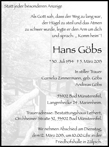 Anzeige von Hans Göbs von Kölner Stadt-Anzeiger / Kölnische Rundschau / Express