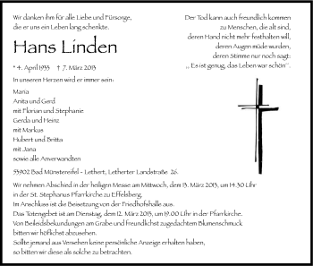 Anzeige von Hans Linden von Kölner Stadt-Anzeiger / Kölnische Rundschau / Express