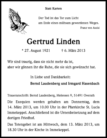Anzeige von Gertrud Linden von Kölner Stadt-Anzeiger / Kölnische Rundschau / Express
