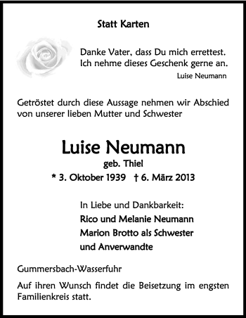 Anzeige von Luise Neumann von Kölner Stadt-Anzeiger / Kölnische Rundschau / Express