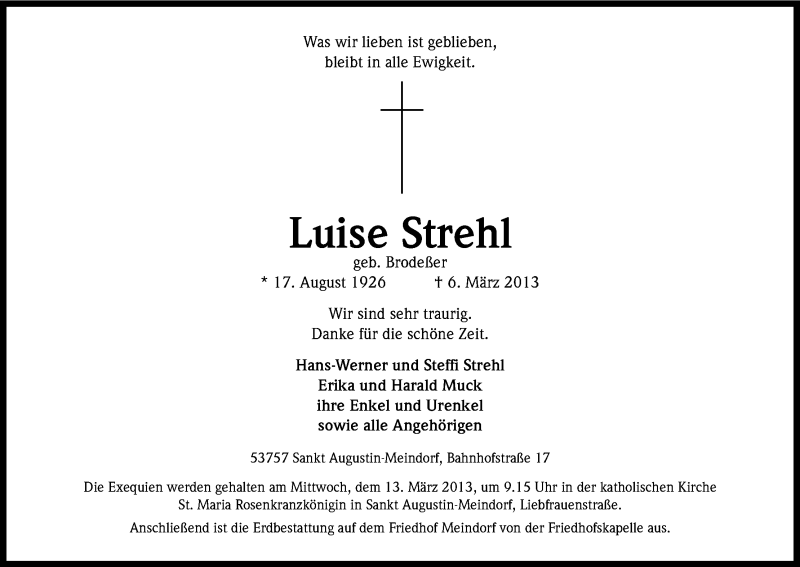  Traueranzeige für Luise Strehl vom 09.03.2013 aus Kölner Stadt-Anzeiger / Kölnische Rundschau / Express