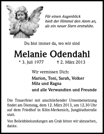 Anzeige von Melanie Odendahl von Kölner Stadt-Anzeiger / Kölnische Rundschau / Express