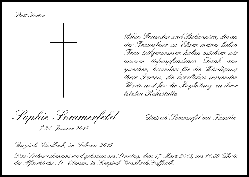  Traueranzeige für Sophie Sommerfeld vom 11.03.2013 aus Kölner Stadt-Anzeiger / Kölnische Rundschau / Express