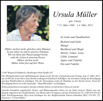 Anzeige von Ursula Müller von Kölner Stadt-Anzeiger / Kölnische Rundschau / Express