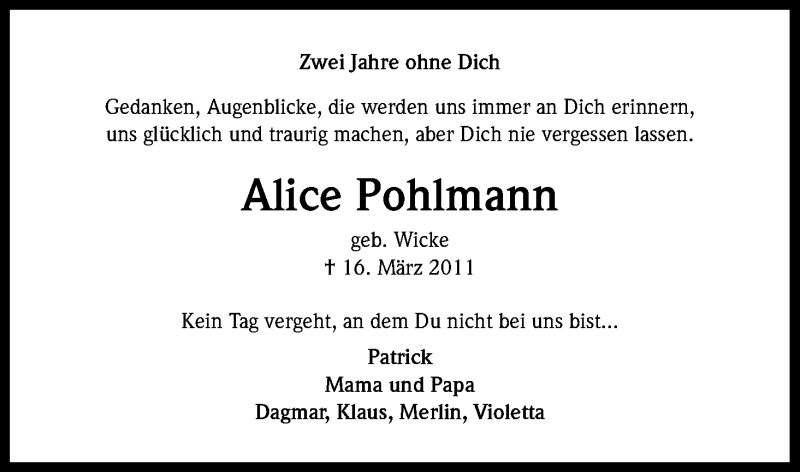  Traueranzeige für Alice Pohlmann vom 16.03.2013 aus Kölner Stadt-Anzeiger / Kölnische Rundschau / Express