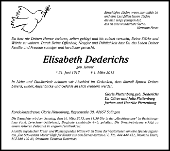 Anzeige von Elisabeth Dederichs von Kölner Stadt-Anzeiger / Kölnische Rundschau / Express