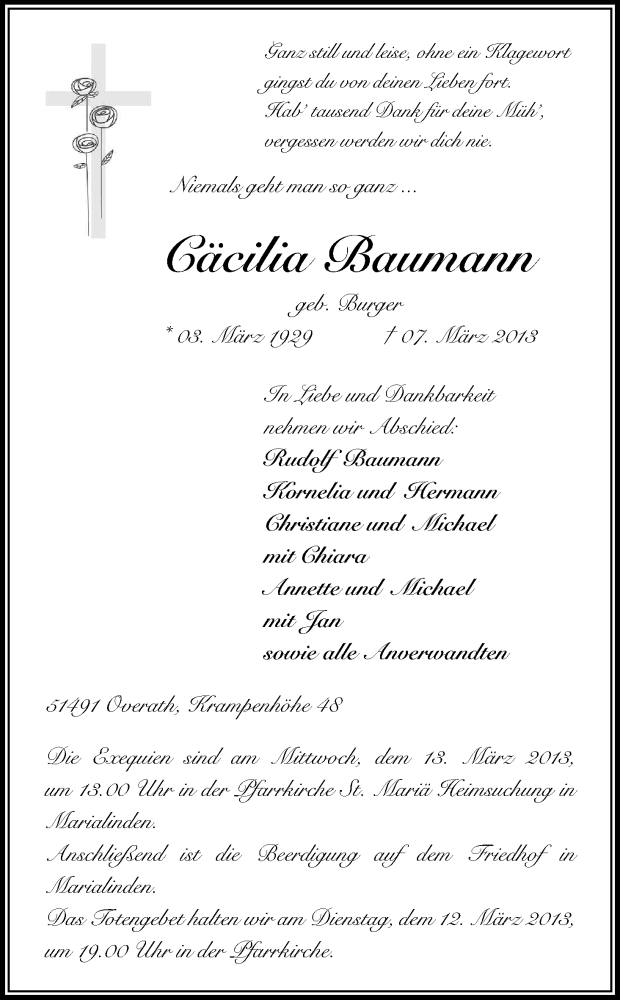  Traueranzeige für Cäcilia Baumann vom 09.03.2013 aus Kölner Stadt-Anzeiger / Kölnische Rundschau / Express