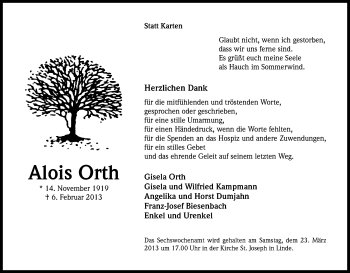 Anzeige von Alois Orth von Kölner Stadt-Anzeiger / Kölnische Rundschau / Express