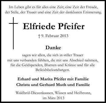 Anzeige von Elfriede Pfeifer von Kölner Stadt-Anzeiger / Kölnische Rundschau / Express