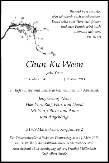 Anzeige von Chun-Ku Weon von Kölner Stadt-Anzeiger / Kölnische Rundschau / Express